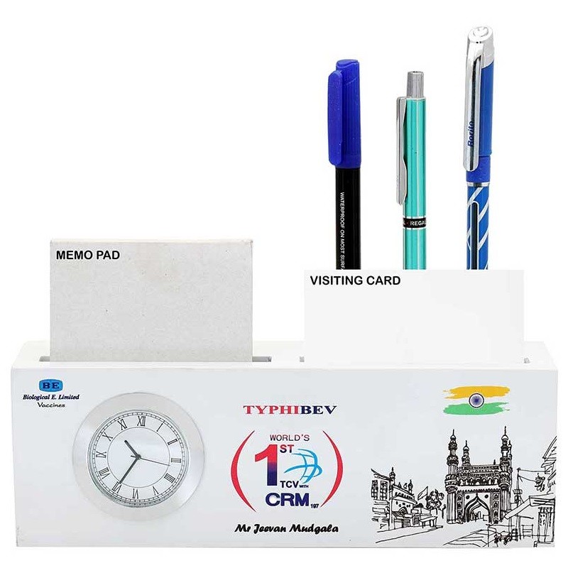 White wooden desk holder with clock, memo pad holder, card holder and pen stand
