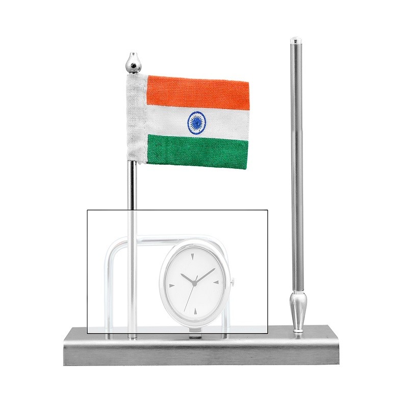 Desk holder with pen stand, clock, card holder and Indian flag