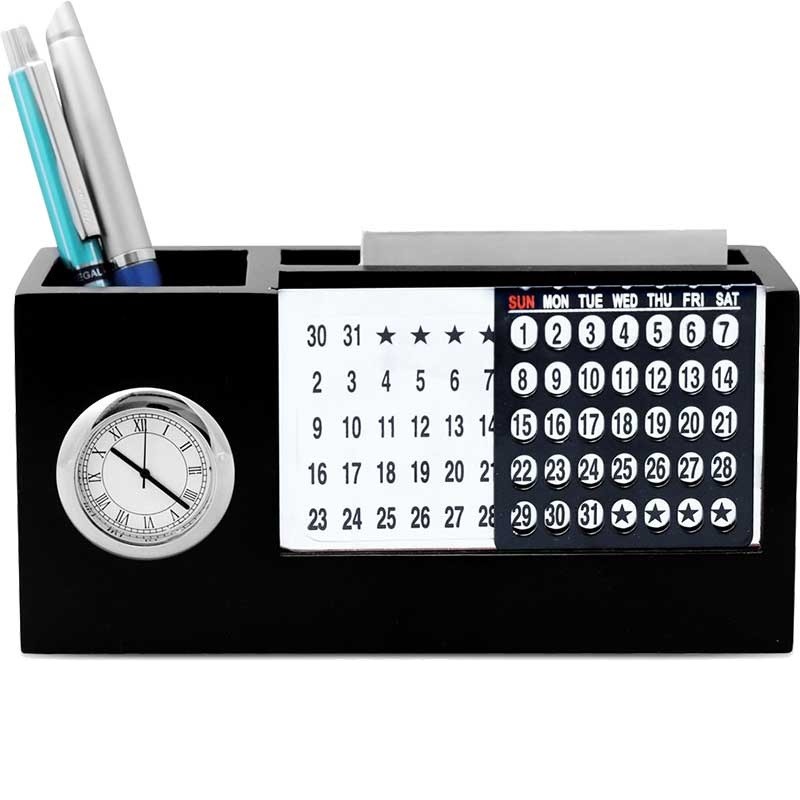 Desk clock with pen stand, calendar and visiting card holder