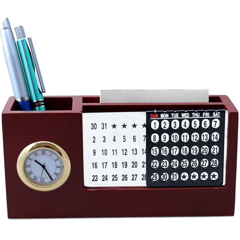 Desk clock with pen stand, calendar and visiting card holder