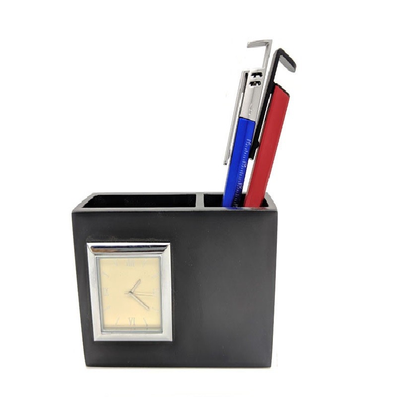 Wooden Square shape utility holder with pen stand and clock