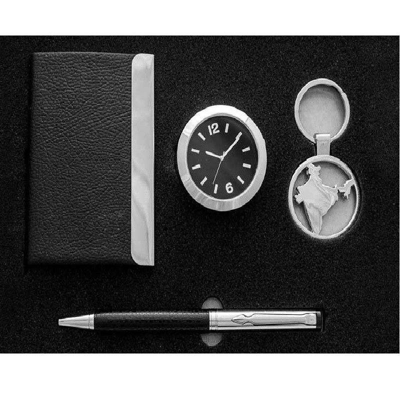4 in 1 Gifts Set with Card Holder, Table clock, Key chain and Ball pen