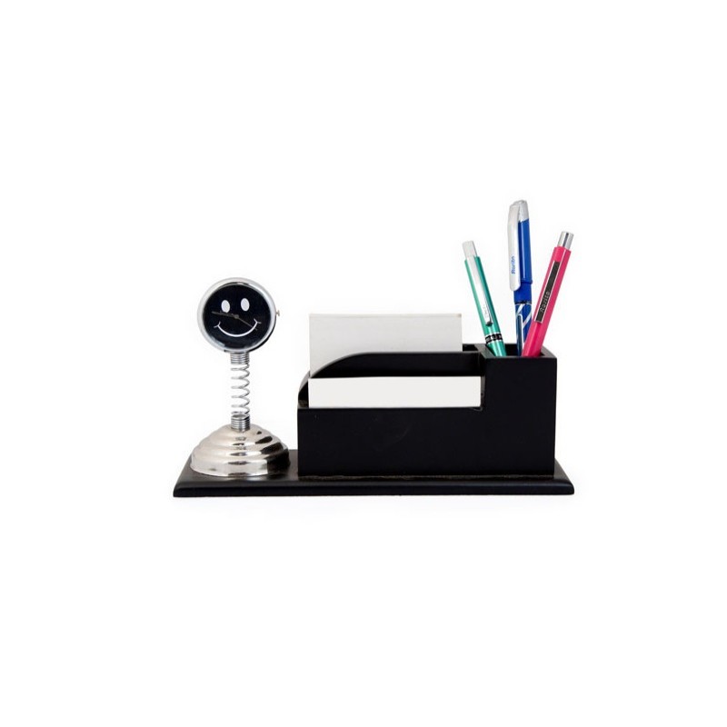 The stylish spring clock and wooden desktop organizer with visiting card holder and pen stand
