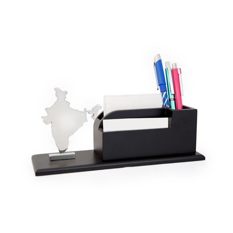 3 Compartments Wooden India Map Design Pen Stand for Office Table With Visiting Card Holder Desk Organiser Pencil/Pen Holder