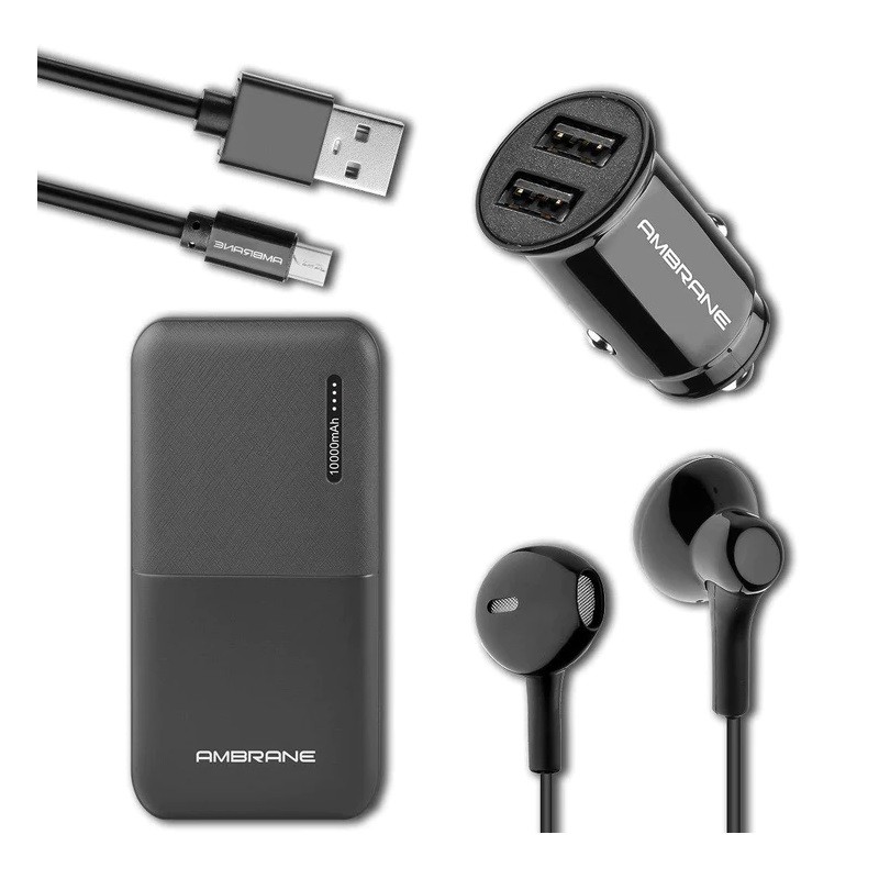 Ambrane Travel Kit - Micro USB cable, Dual Port Car Charger, 10000mAh powerbank, wired earphones