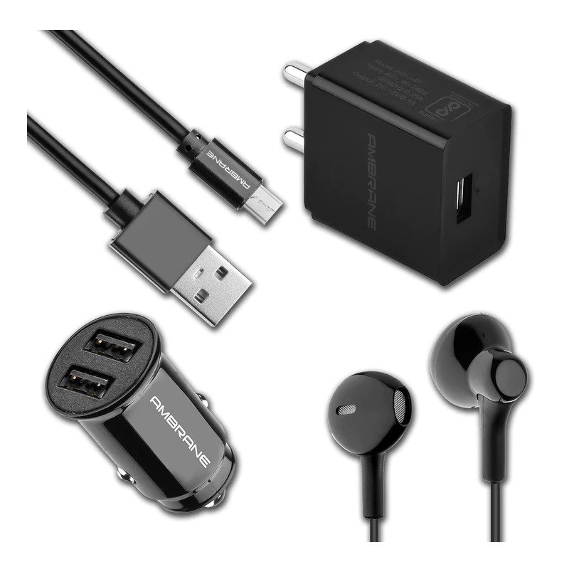 Ambrane Travel Kit - Wall Charger, Car Charger, Micro USB Cable and wired Earphones