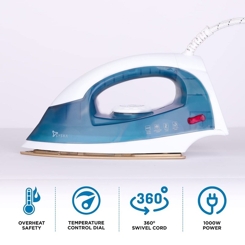 Syska 1000 W Dry Iron - Non Stick Golden Soleplate | Overheat Safety | Power 1000Watt