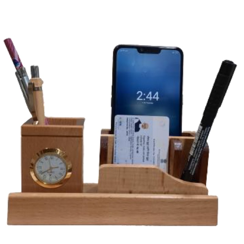 Desktop Wooden Pen Holder With Clock