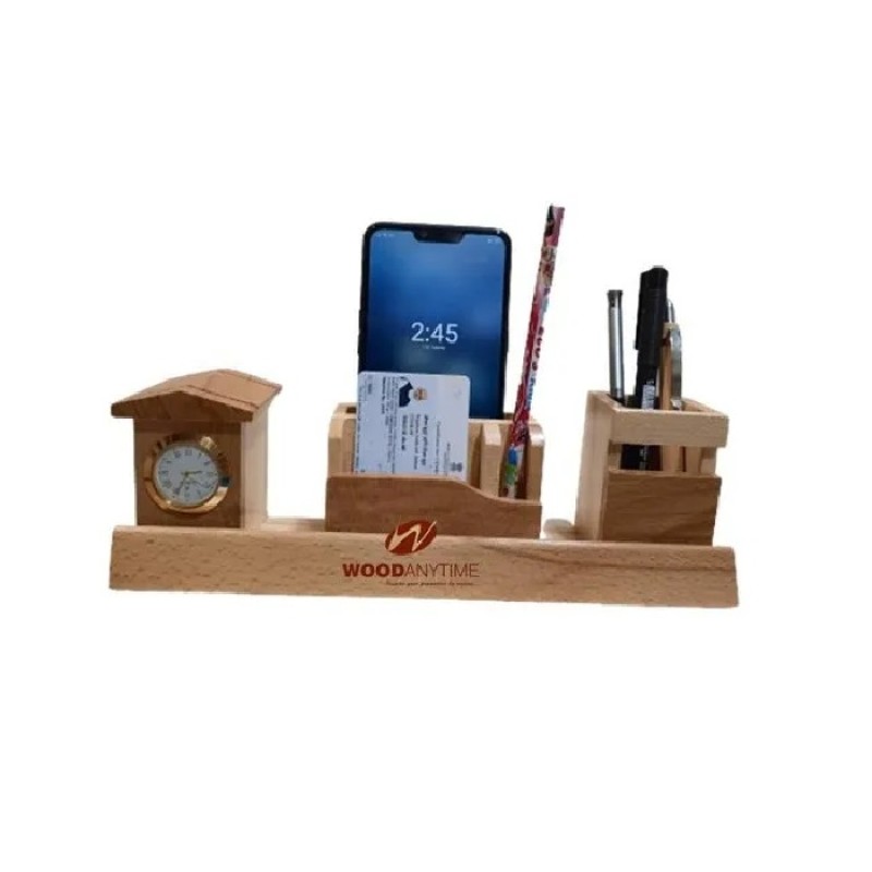 Wood Pen Holder With Clock