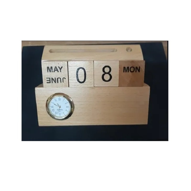 Perpetual Wooden Calendar with Clock