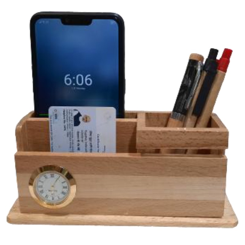 Wooden Mobile, Pen, Busniess card with Clock