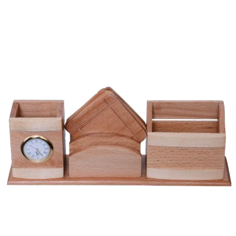Wooden Pen Stand with Clock and 4 Coasters