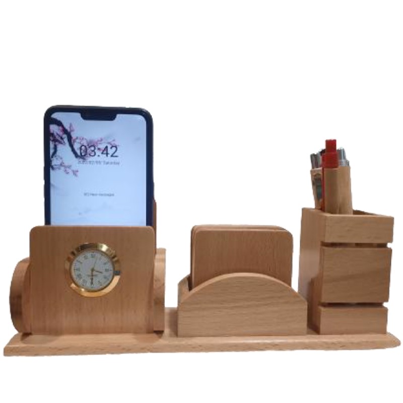 Wooden Pen Stand With Tea Coaster And Mobile Holder
