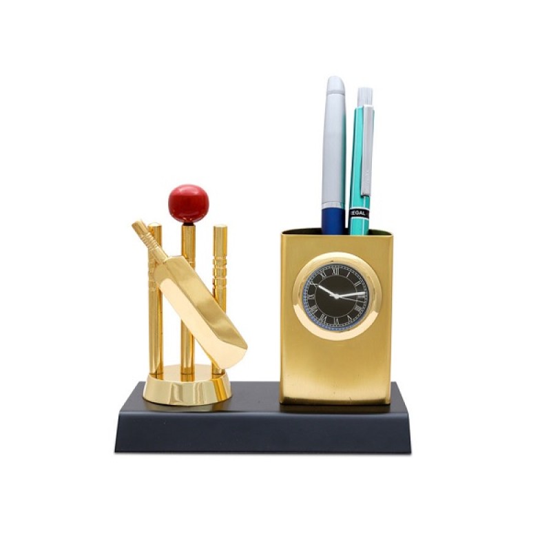 Wooden base desk utility with pen stand and clock in cricket theme