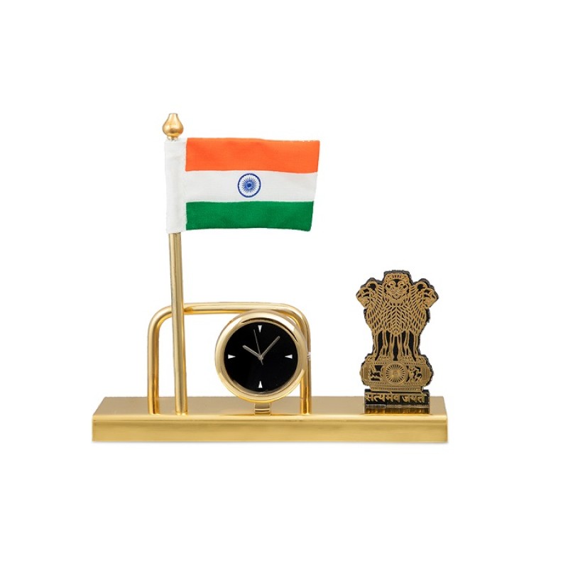 Desk organizer with national emblem, clock, card holder and Indian flag