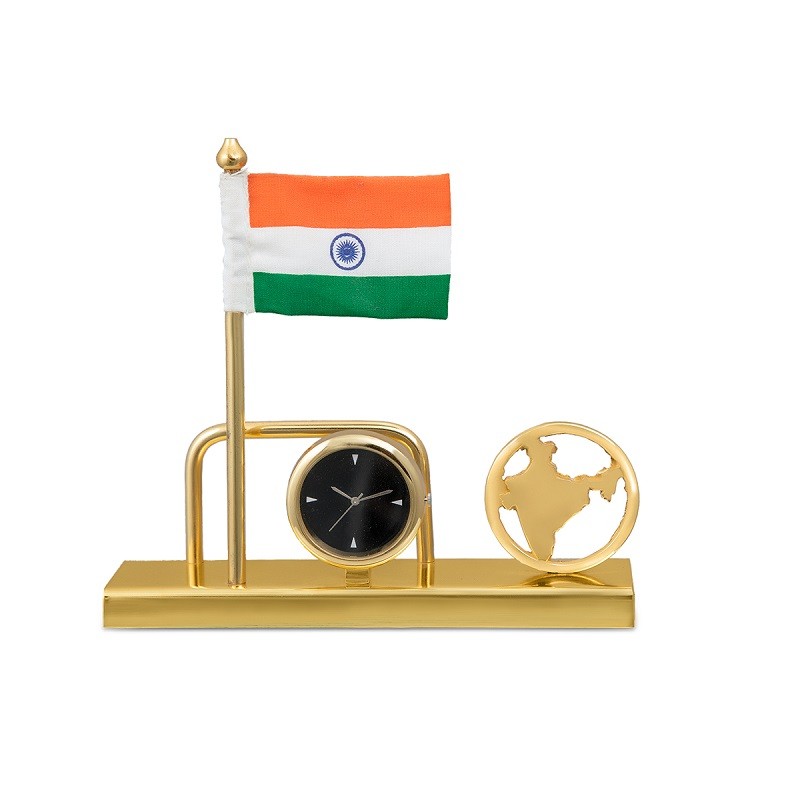 Desk organizer with Indian map, clock, card holder and Indian flag