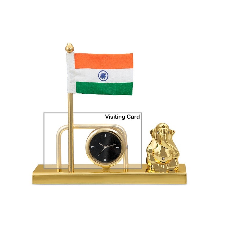 Desk organizer with Ganesh, clock, card holder and Indian flag