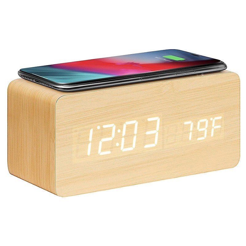Wooden Digital Alarm Clock with Wireless Charging Pad