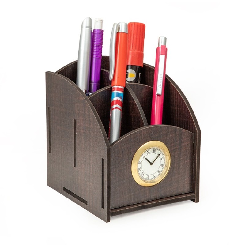 Wooden Desk Organizer / Pen and Pencil Stand / Stationery Stand With Watch for Office and Students use