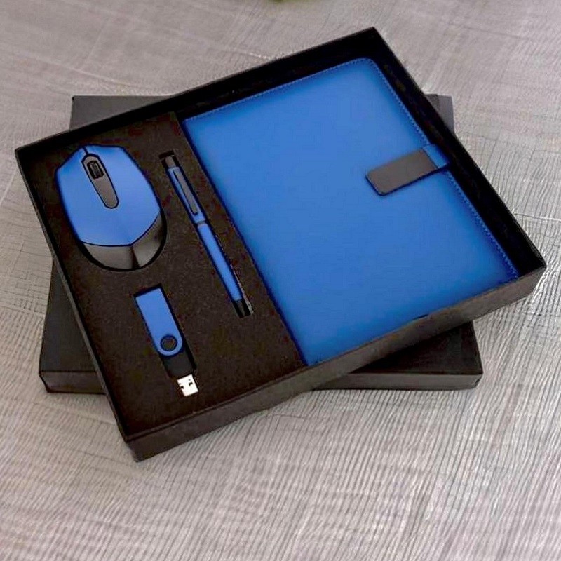 Blue 4 in 1 Mouse Set, wireless Bluetooth mouse, 32Gb Pen-Drive, Notebook & Metal Pen
