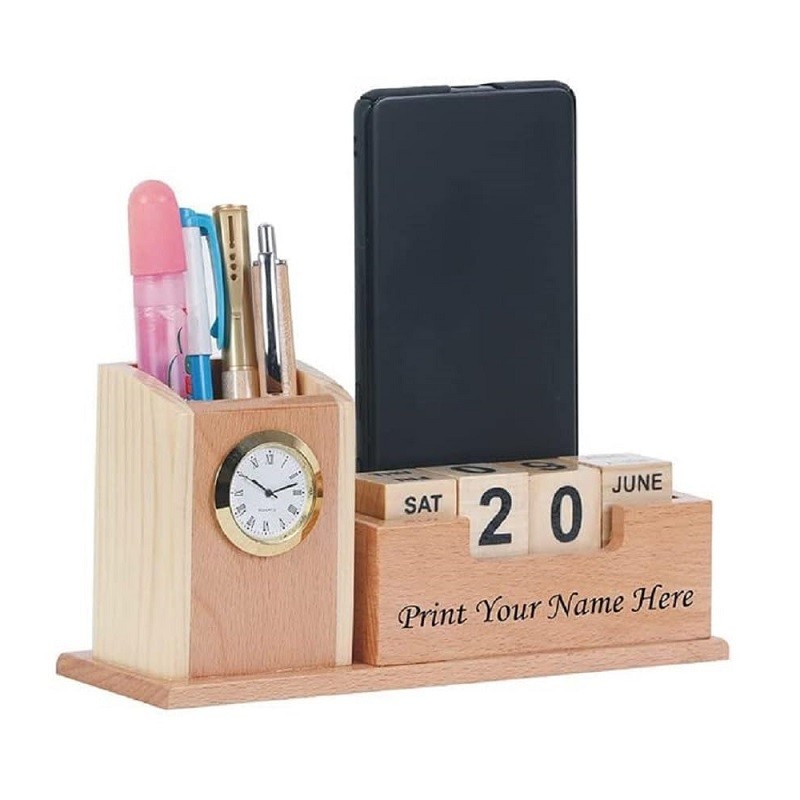 Wooden Calendar With Pen Stand And Clock
